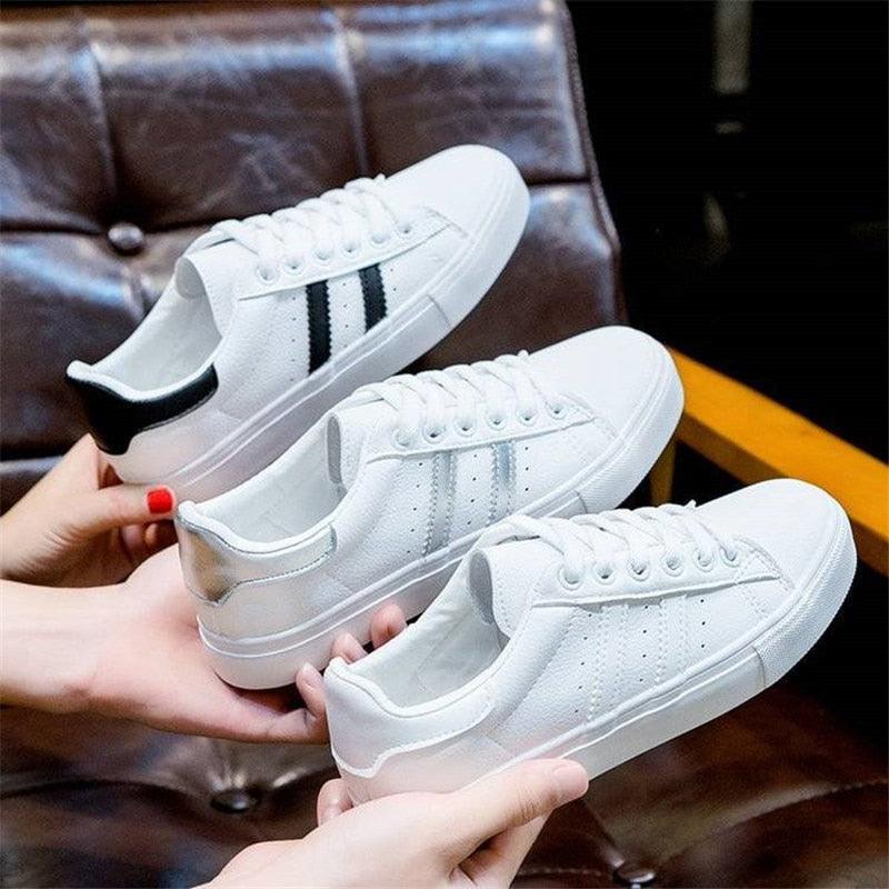 Women white casual sneakers Stevvex lace-up with side stripes three sneakers on Tampa Home & Garden Store