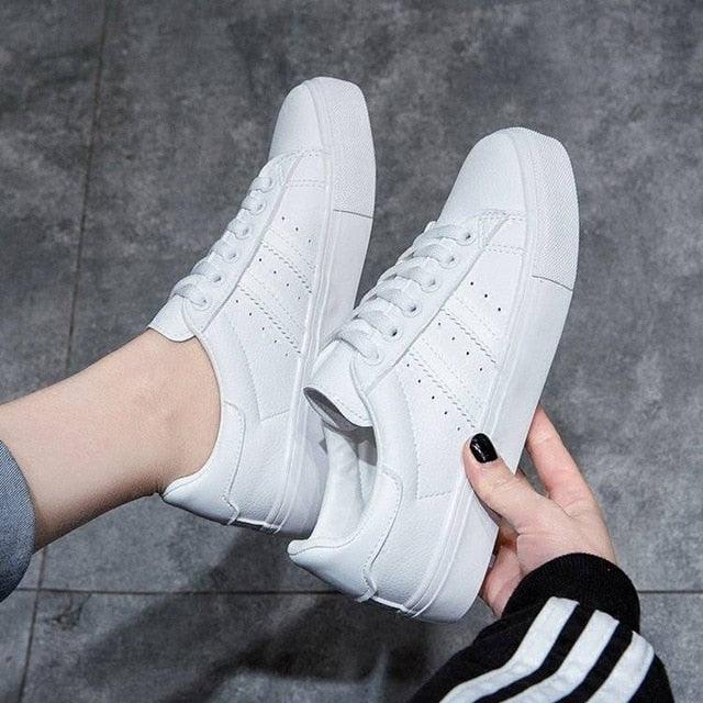 Stevvex women white lace-up casual sneakers, eco leather street style pair on Tampa Home & Garden Store
