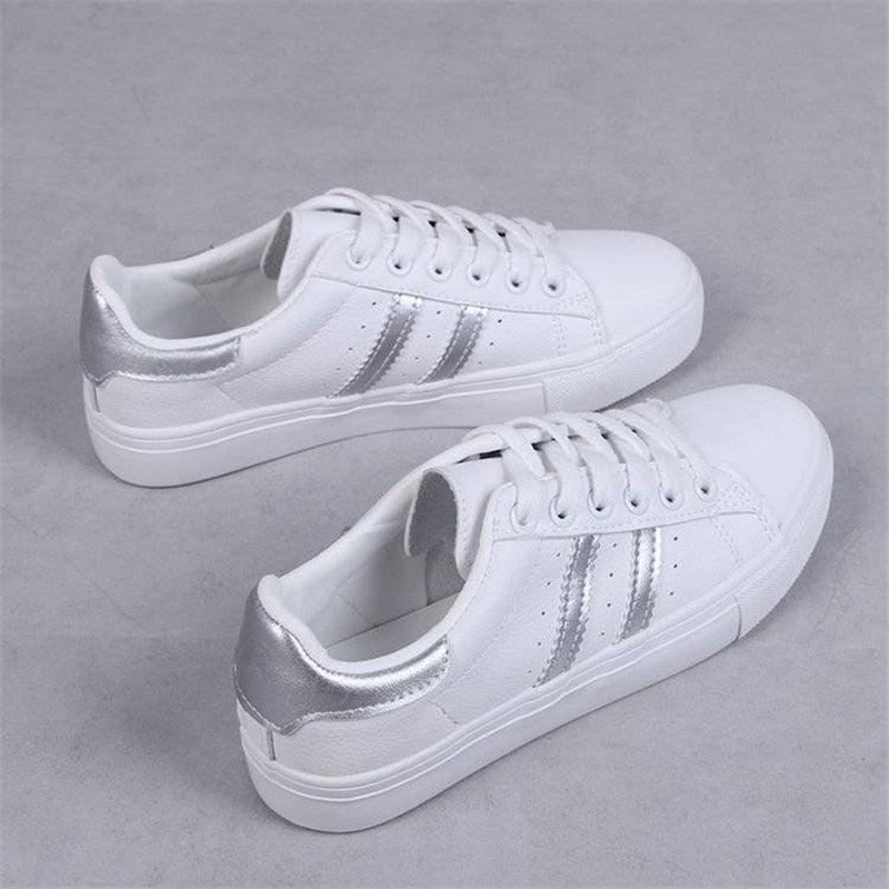 Stevvex Women White Sneakers with silver stripes and metallic heel, lace-up eco leather pair on Tampa Home & Garden Store