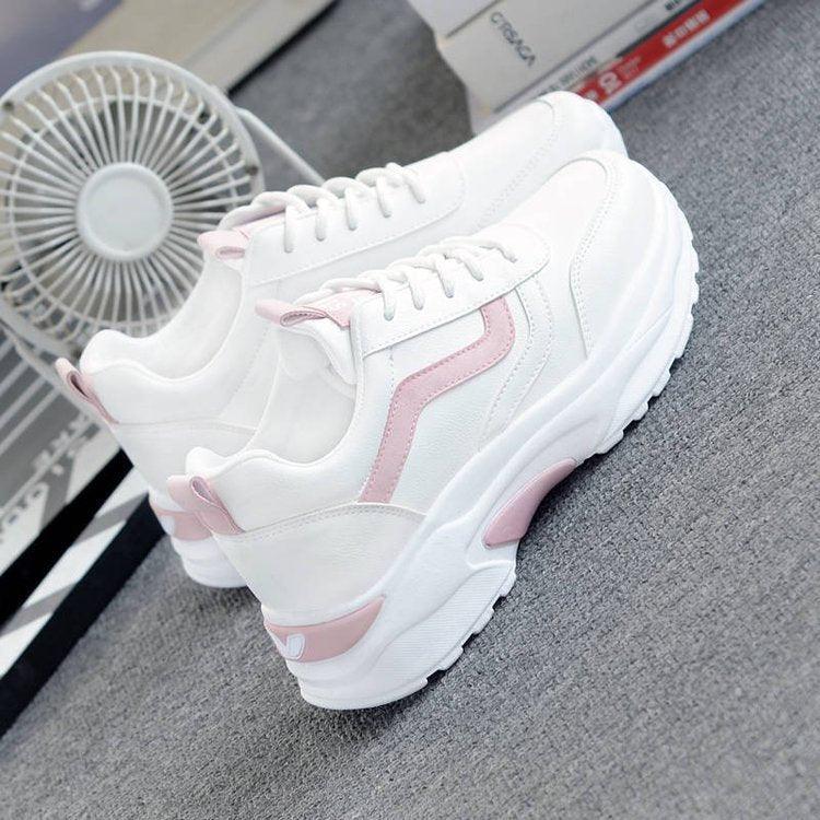 Women’s white leather sneakers by Stevvex, lace-up platform with pink accents on Tampa Home & Garden Store