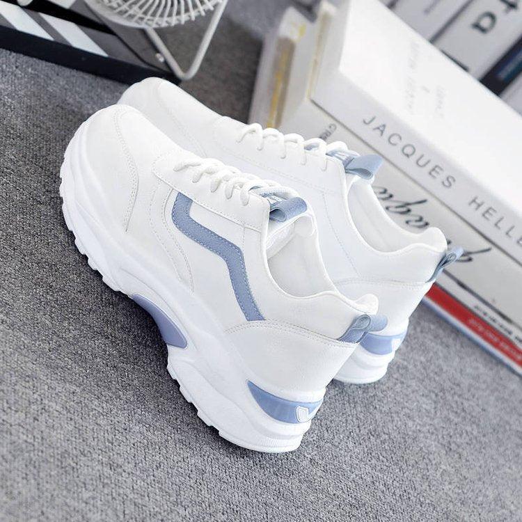 Stevvex women white leather sneakers with light blue side stripe, lace-up, chunky sole on Tampa Home & Garden Store