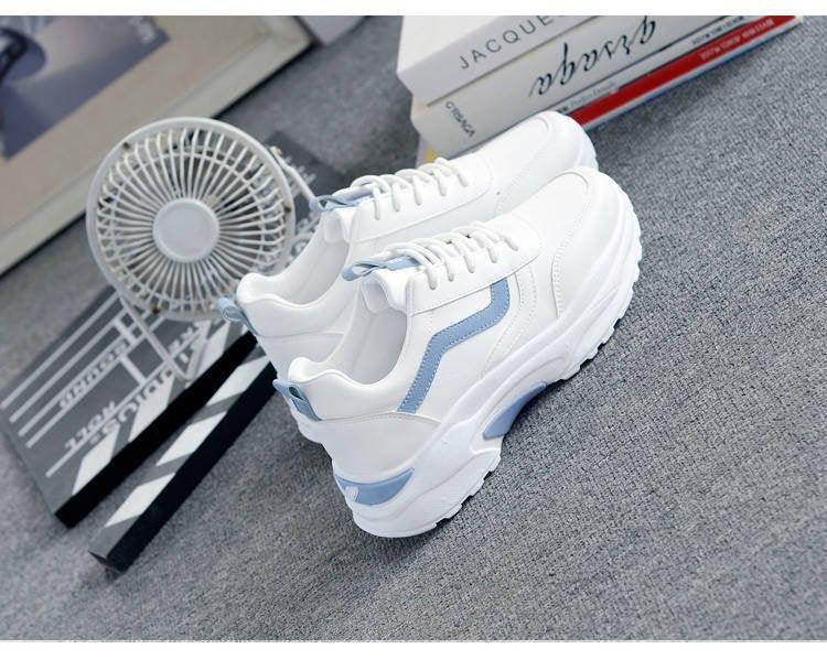 Women white leather sneakers with light blue accents, lace-up, chunky platform sole, pair on Tampa Home & Garden Store
