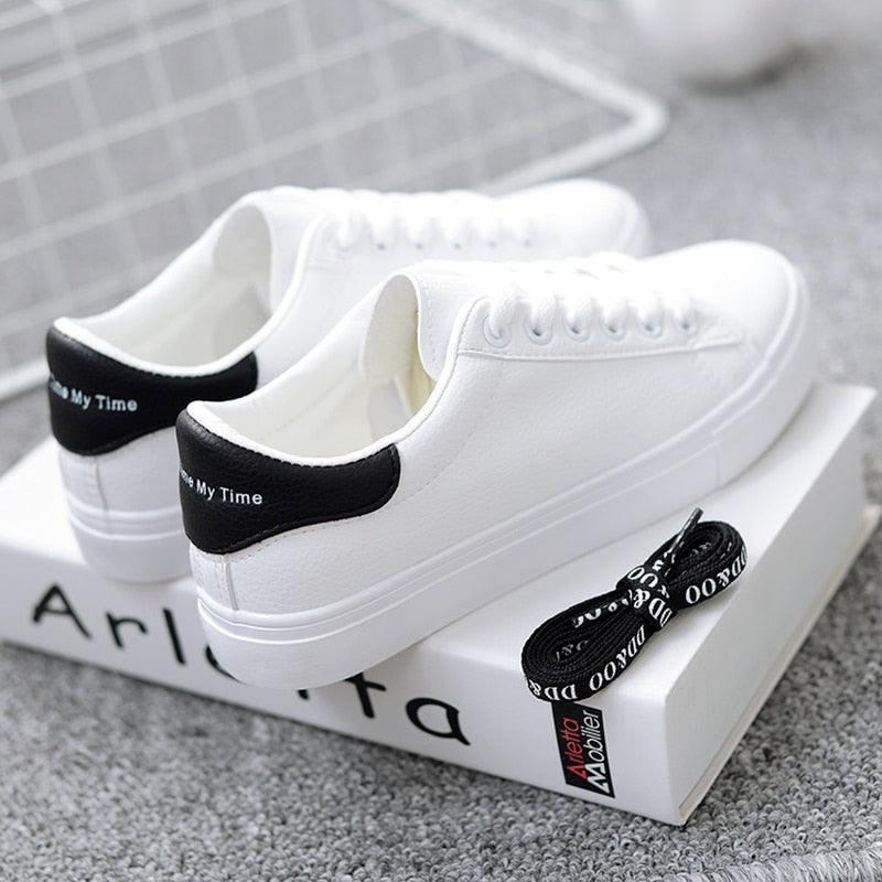White leather sneakers by Stevvex black heel patch My Time lace-up vulcanized casual trainers on Tampa Home & Garden Store