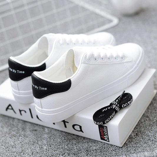White leather sneakers by Stevvex black heel patch My Time lace-up vulcanized casual trainers on Tampa Home & Garden Store