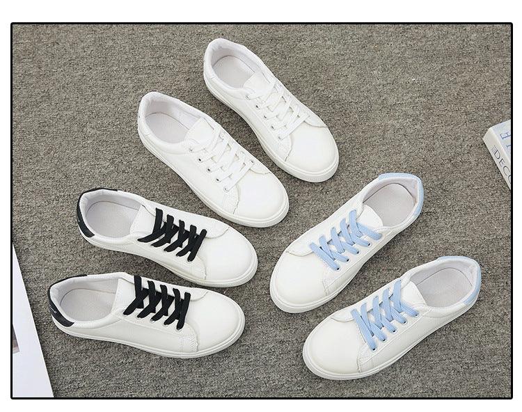Women white lace-up sneakers leather platform breathable vulcanized design with black blue laces on Tampa Home & Garden Store