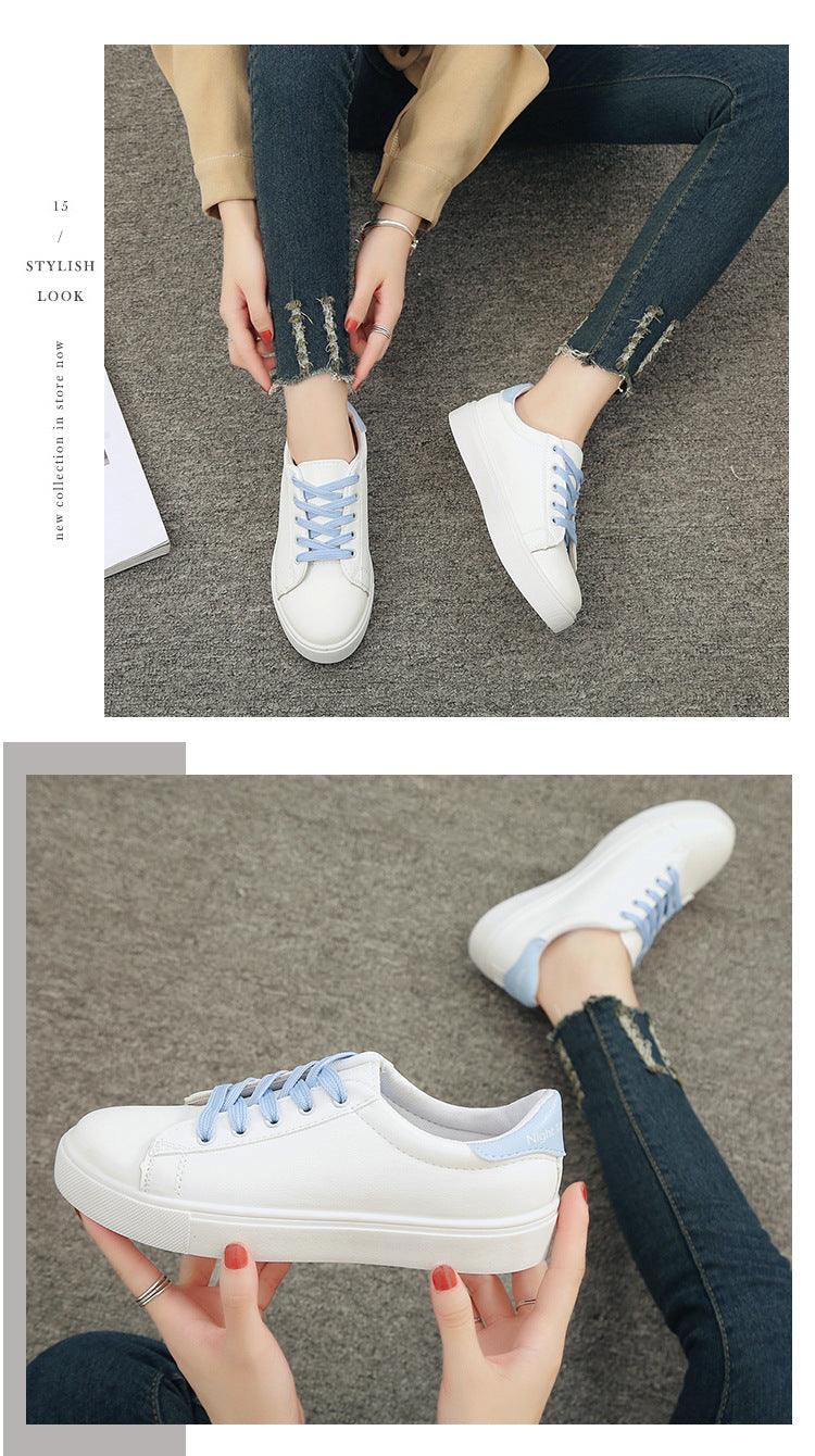 Stevvex Women White Leather Sneakers with light blue lace-ups, casual platform trainers on Tampa Home & Garden Store