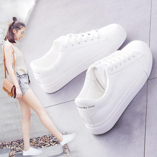 Stevvex Women White Leather Platform Lace-Up Sneakers, casual stylish trainers on Tampa Home & Garden Store