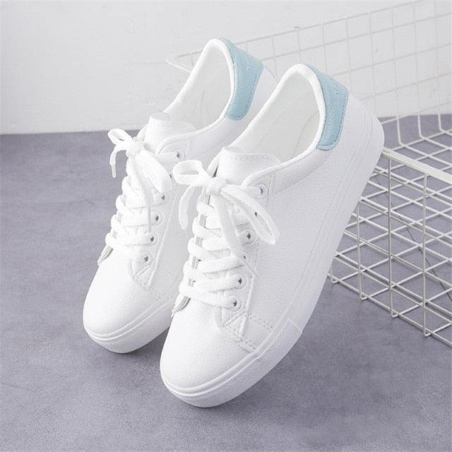 Stevvex women's white sneakers with light blue heel tabs, lace-up casual trainers on Tampa Home & Garden Store