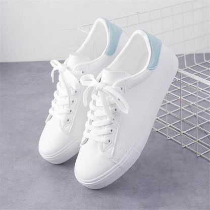 Stevvex women's white sneakers with light blue heel tabs, lace-up casual trainers on Tampa Home & Garden Store