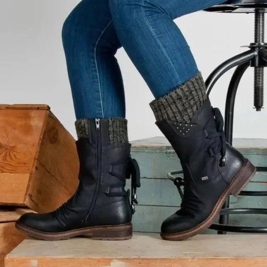 Stevvex women winter boots ST75771GMB black leather with side zipper and buckle accents on Tampa Home & Garden Store