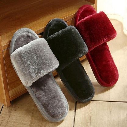 Set of 3 women's plush fur slide slippers in gray, black and red with cushioned insoles on Tampa Home & Garden Store