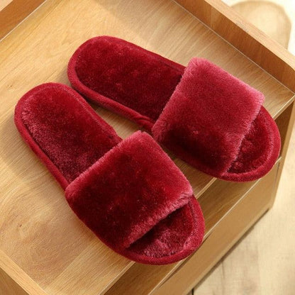 Women’s red plush fur slide slippers with thick strap for cozy indoor wear on Tampa Home & Garden Store