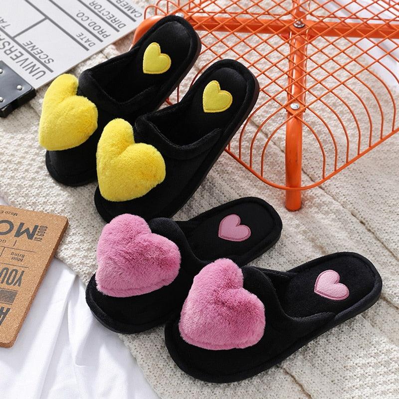 Stevvex women's plush heart slippers set of three black slides with yellow or pink hearts on Tampa Home & Garden Store