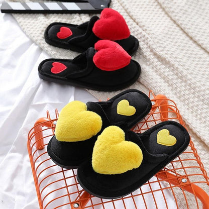 Slippers Stevvex plush heart slippers, black pairs with red & yellow hearts, cushioned insole on Tampa Home & Garden Store