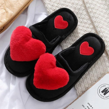 Stevvex women's black plush heart slide slippers with red heart applique and cushioned insole on Tampa Home & Garden Store