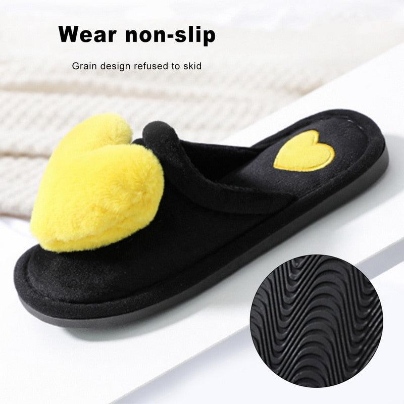Stevvex black plush heart slippers with yellow heart, cushioned insole, non-slip sole on Tampa Home & Garden Store