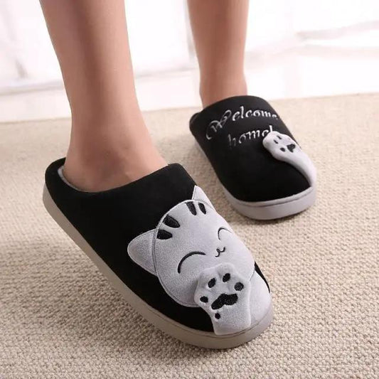 Stevvex cat-face fur slippers, black with gray paw, memory foam, non-slip outsole, indoor on Tampa Home & Garden Store