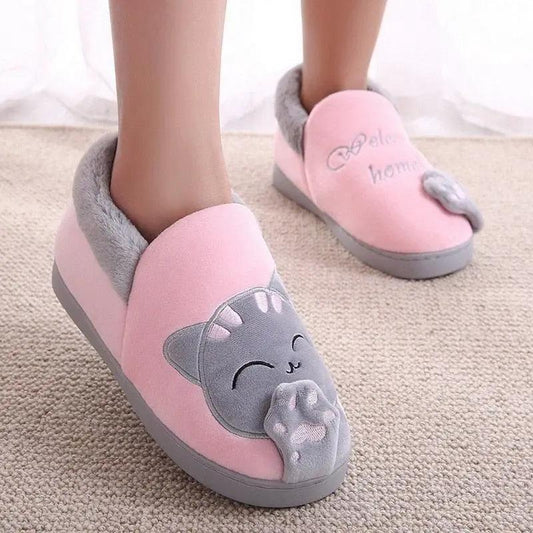 Women winter slippers pink plush cat-face gray sole memory foam Stevvex 2 slippers on Tampa Home & Garden Store