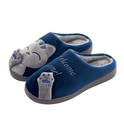 Stevvex women's blue plush cat slippers with paw toe accents and soft fleece lining rubber sole on Tampa Home & Garden Store