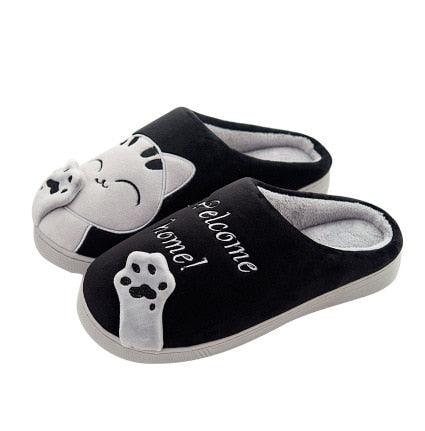 Women cat slippers, black with white paw toe and welcome home text, warm indoor outdoor on Tampa Home & Garden Store