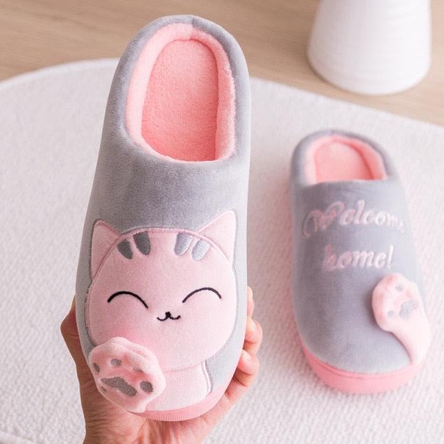 Women winter cat slippers, grey plush with pink lining, cat-face applique, indoor/outdoor shoes on Tampa Home & Garden Store