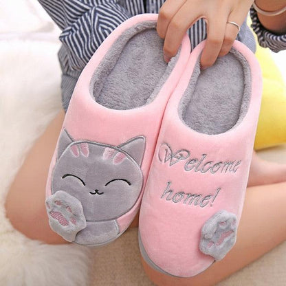 Stevvex women winter cat slippers pink plush with gray cat applique Welcome home pair on Tampa Home & Garden Store