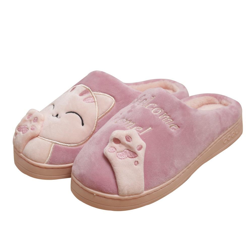 Women pink cat-face plush slippers with paw embroidery and beige sole Stevvex on Tampa Home & Garden Store