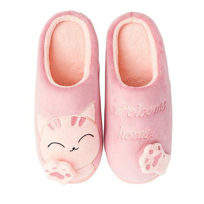 Women’s pink cat-face plush slippers with fuzzy lining and Welcome home text by Stevvex on Tampa Home & Garden Store