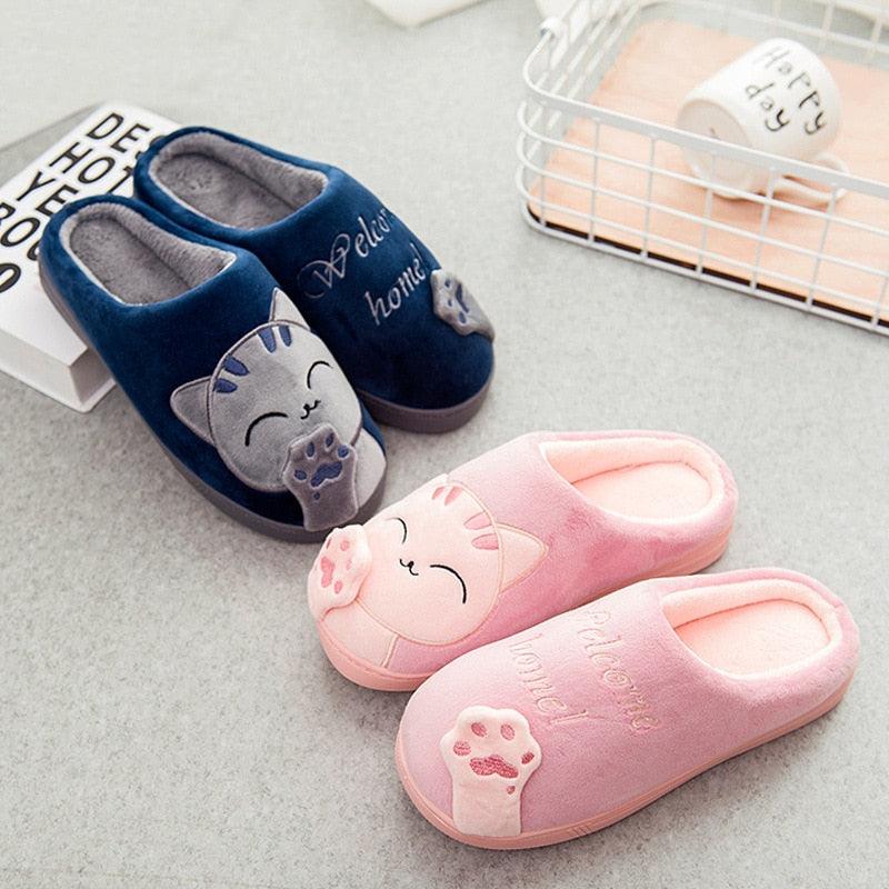 Stevvex women winter cat slippers, blue and pink plush cat-face slippers, two pairs on Tampa Home & Garden Store