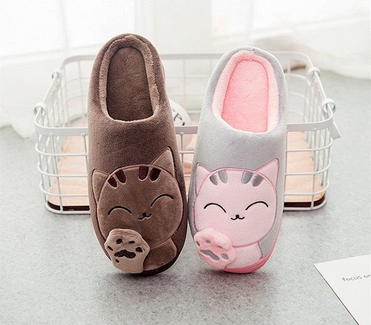 Women winter cat-face slippers Stevvex, brown/gray plush with paw accents, indoor comfort on Tampa Home & Garden Store