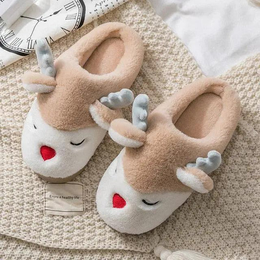 Stevvex women's deer plush slippers pair with antlers, warm fleece interior, non-slip sole on Tampa Home & Garden Store