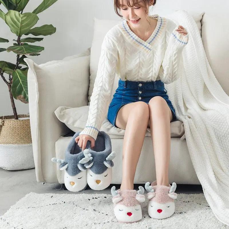 Women Elk Slippers Winter Warm Non Slip Shoes