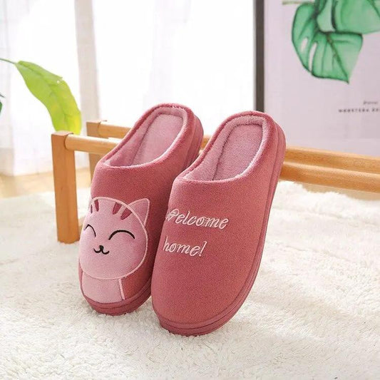 Stevvex women's pink plush cat slippers memory foam indoor slip-ons with Welcome home embroidery on Tampa Home & Garden Store