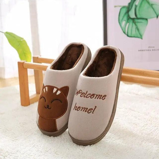 Stevvex slippers memory foam white with brown cat face and welcome home plush interior on Tampa Home & Garden Store