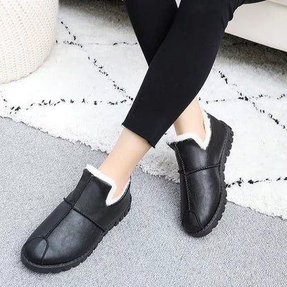 Women waterproof black leather fur-lined winter booties with rugged outsole on Tampa Home & Garden Store