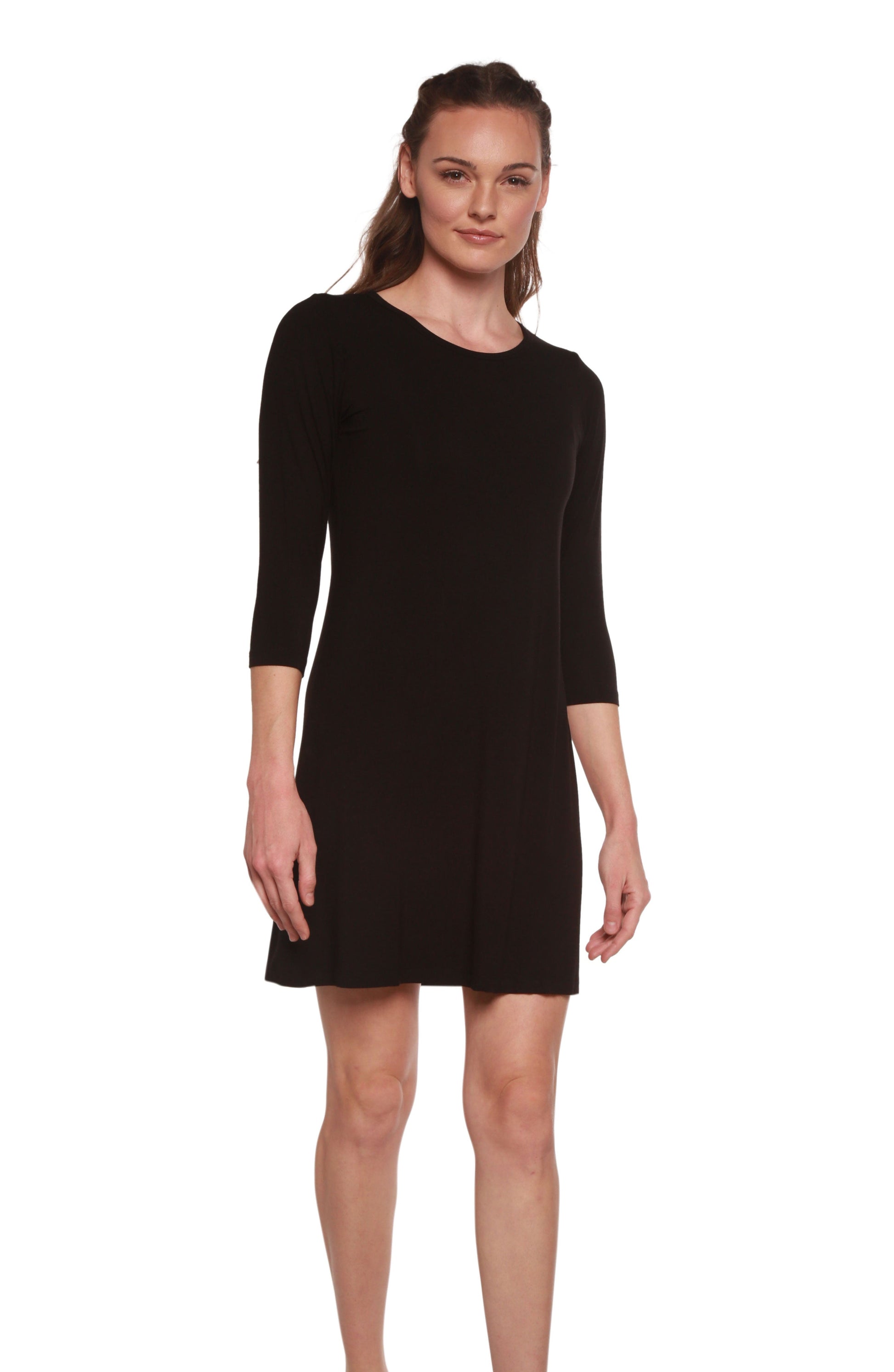 Women's A-Line Bamboo Viscose Dress in Black by Spun Bamboo, knee-length 3/4 sleeves on Tampa Home & Garden Store