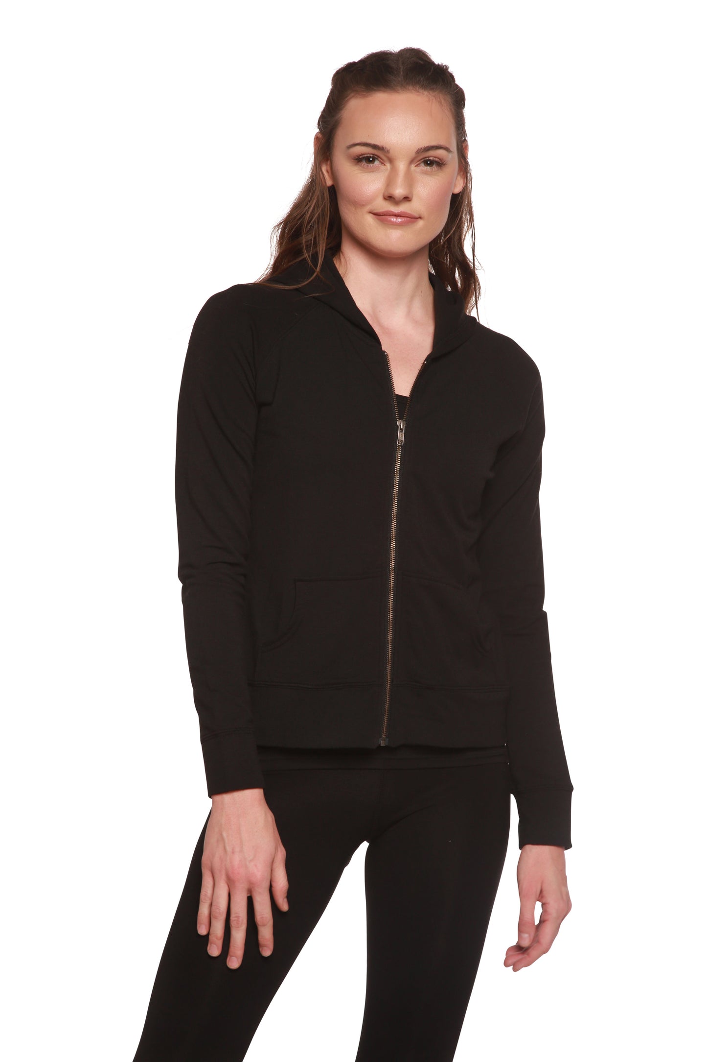 Women's Bamboo French Terry Zip Hooded Sweatshirt in black with front pockets on Tampa Home & Garden Store