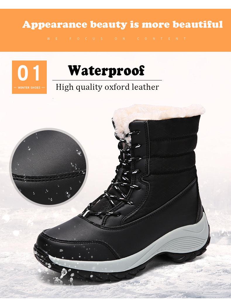 Womens black waterproof winter boots with thick fur lining and lace-up ankle design on Tampa Home & Garden Store