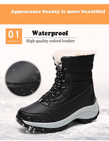 Womens black waterproof winter boots with thick fur lining and lace-up ankle design on Tampa Home & Garden Store