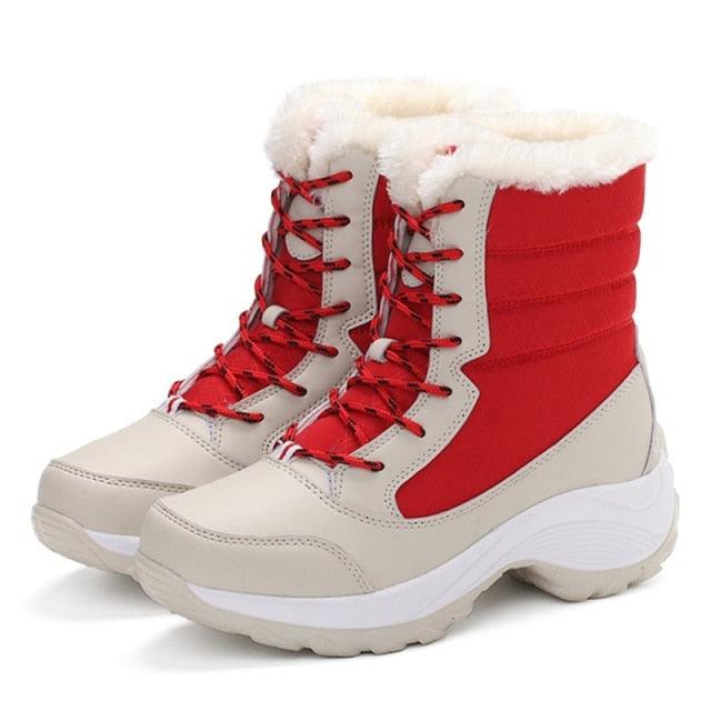 Stevvex Womens Waterproof Winter Boots with red panels faux fur lining and white sole pair on Tampa Home & Garden Store