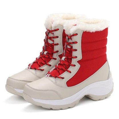 Stevvex Womens Waterproof Winter Boots with red panels faux fur lining and white sole pair on Tampa Home & Garden Store