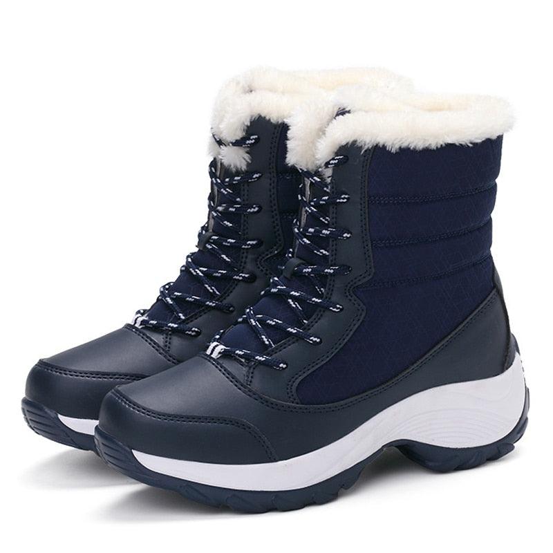 Womens waterproof winter boots Stevvex navy blue with thick faux fur lining, non-slip sole on Tampa Home & Garden Store