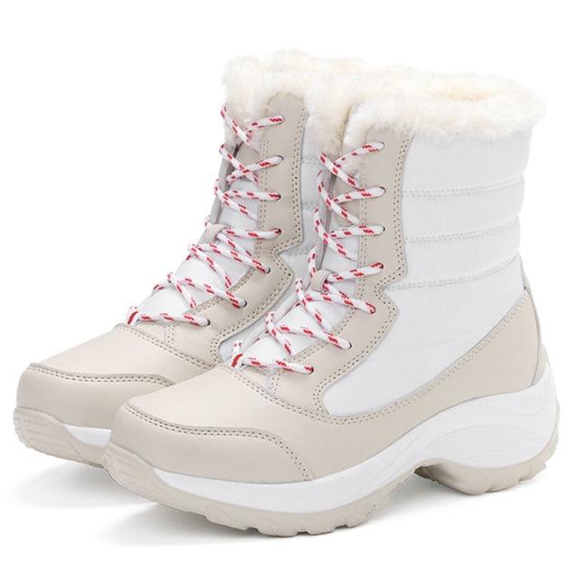 Stevvex beige/white waterproof winter boots with fur trim and lace-up front non-slip sole on Tampa Home & Garden Store