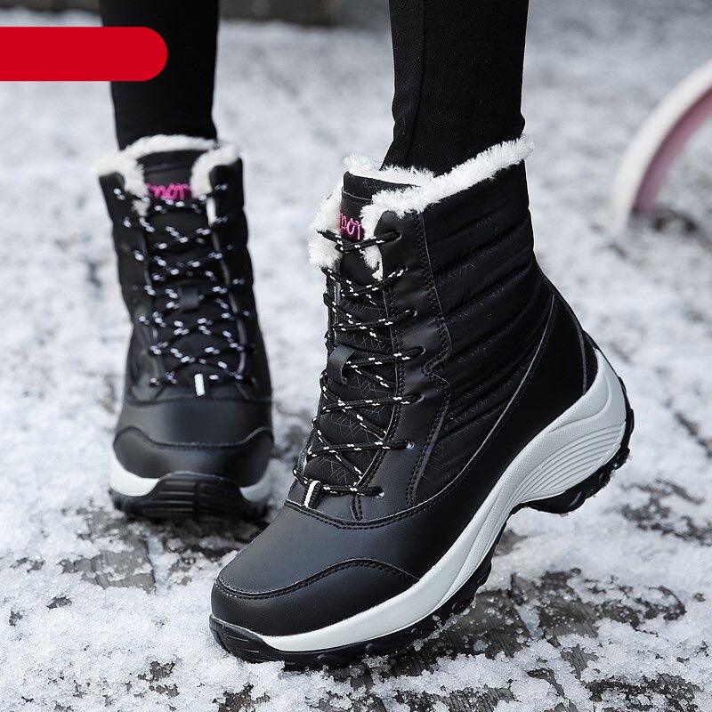 Stevvex waterproof winter boots with faux fur trim, black lace-up boots, non-slip sole on Tampa Home & Garden Store