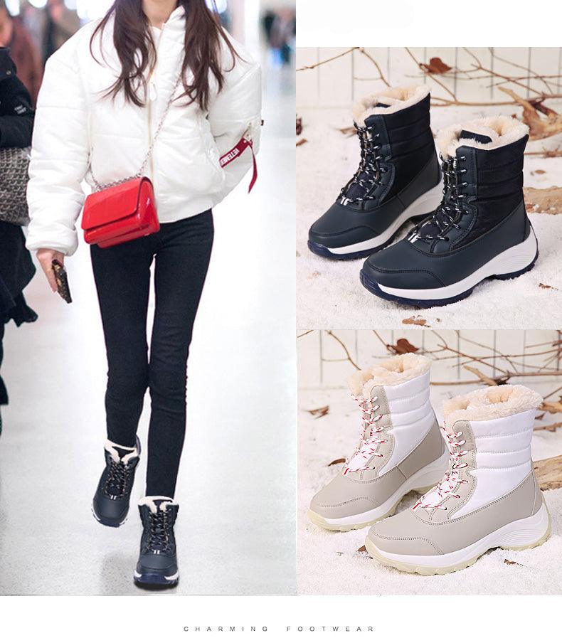 Waterproof winter boots assortment: black fur-lined ankle boots and white-gray fur-lined hiking boots, 3 pairs on Tampa Home & Garden Store