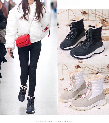 Waterproof winter boots assortment: black fur-lined ankle boots and white-gray fur-lined hiking boots, 3 pairs on Tampa Home & Garden Store
