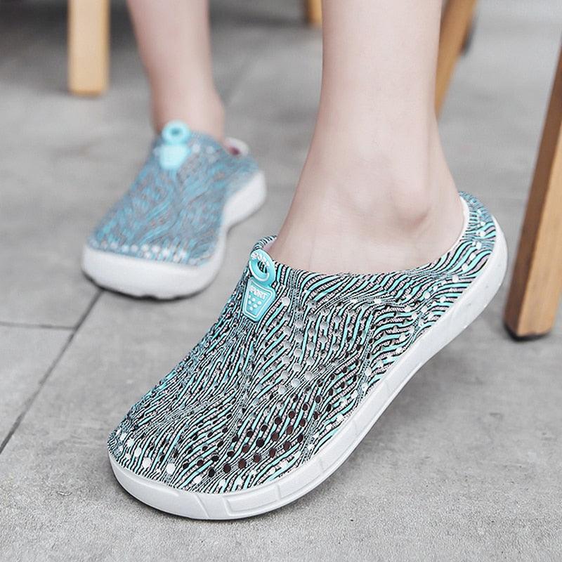 Womens Casual Clogs Stevvex slip-on breathable teal zebra-pattern slippers on Tampa Home & Garden Store