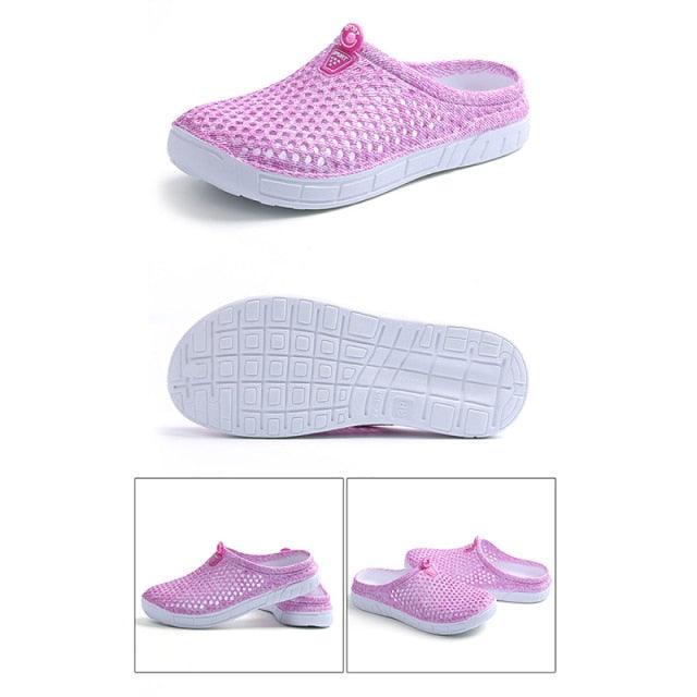 Womens pink breathable mesh slip-on clogs with white sole, Stevvex beach slippers on Tampa Home & Garden Store