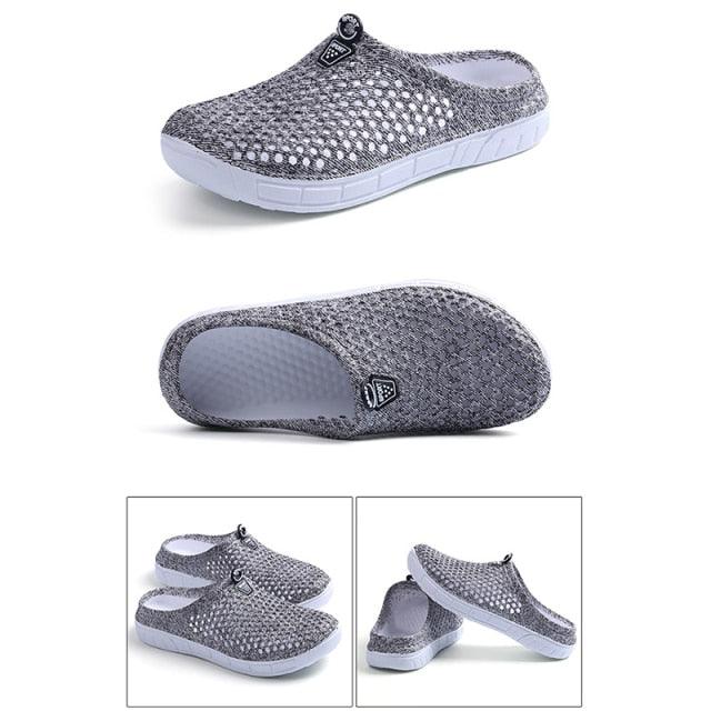 Stevvex womens casual breathable mesh slip-on clogs with white sole and grey knit upper on Tampa Home & Garden Store