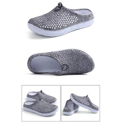 Stevvex womens casual breathable mesh slip-on clogs with white sole and grey knit upper on Tampa Home & Garden Store